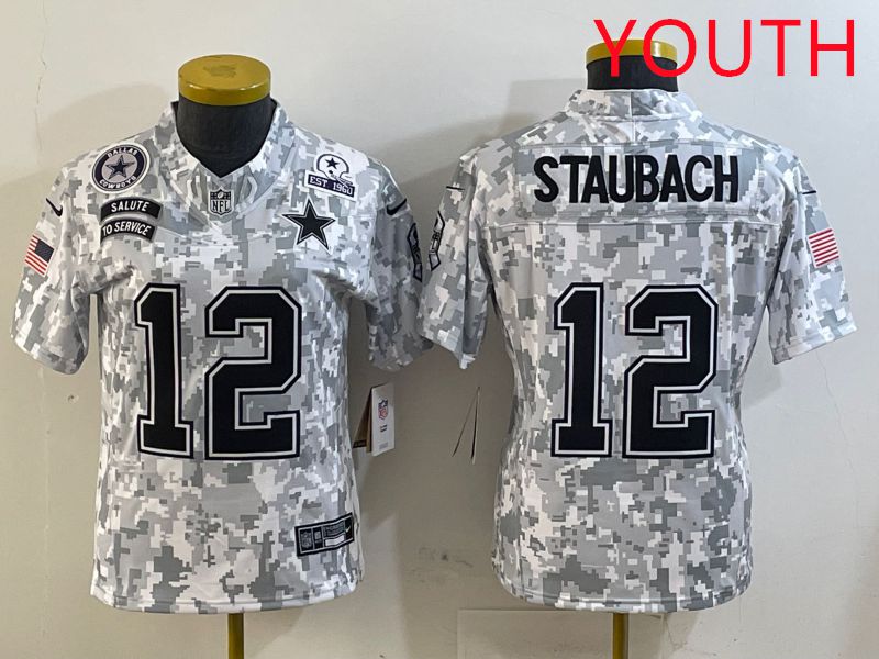 Youth Dallas Cowboys #12 Staubach Camo Nike Olive Salute To Service Limited NFL Jersey style 3